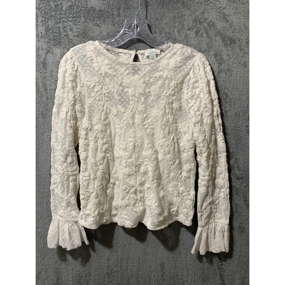 Sundance White Floral Lace Embroidered Ruffle Cuff Blouse Petite Small PS - Picture 8 of 15